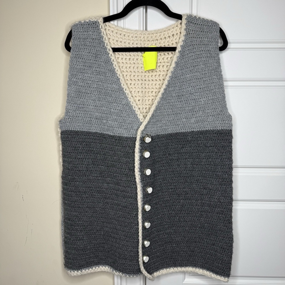 Handmade Crochet Vest Sweater Adult Medium Gray Cream Sleeveless Tank Wool Knit